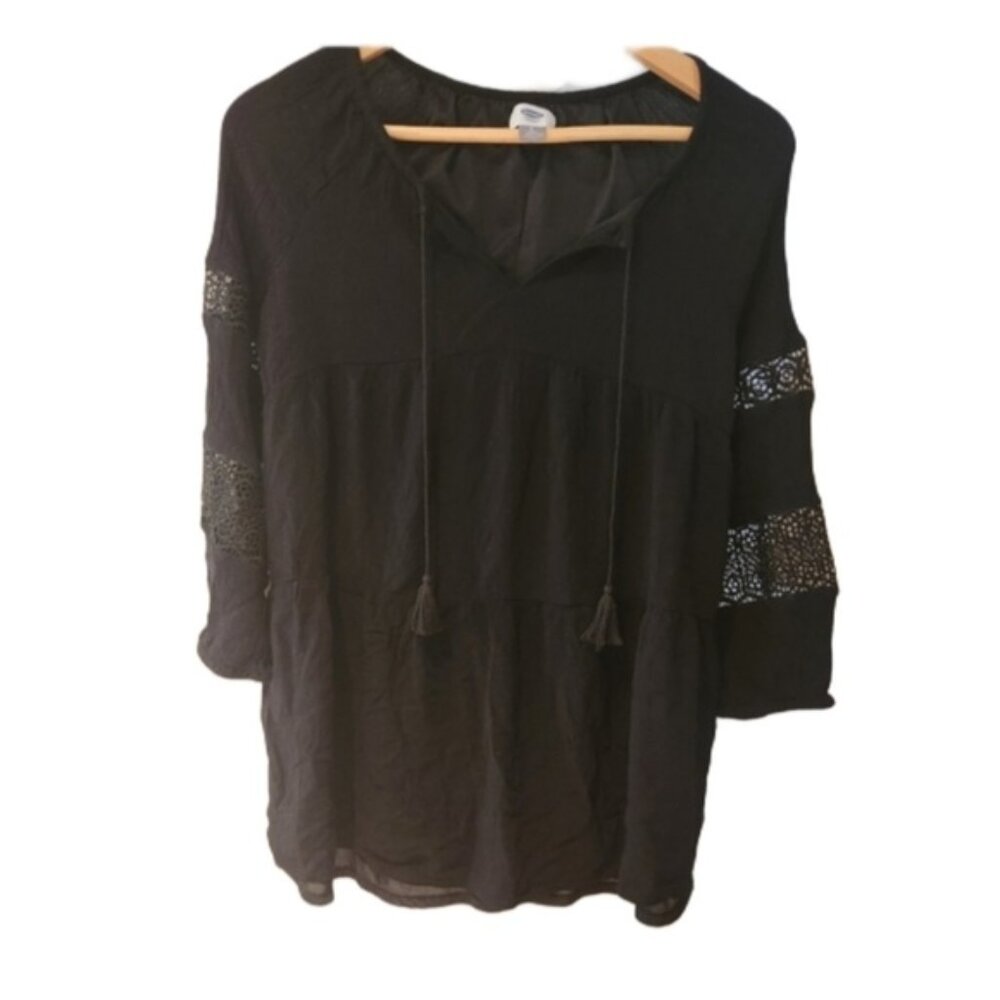 Black Boho Tunic Shirt with Lace Details Rayon Small